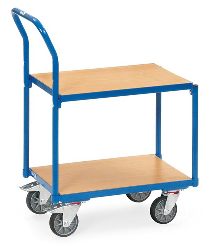 Etagewagen met buisvormige duwbeugel 2 planken vlak, laadoppervlak 605 x 408 mm 