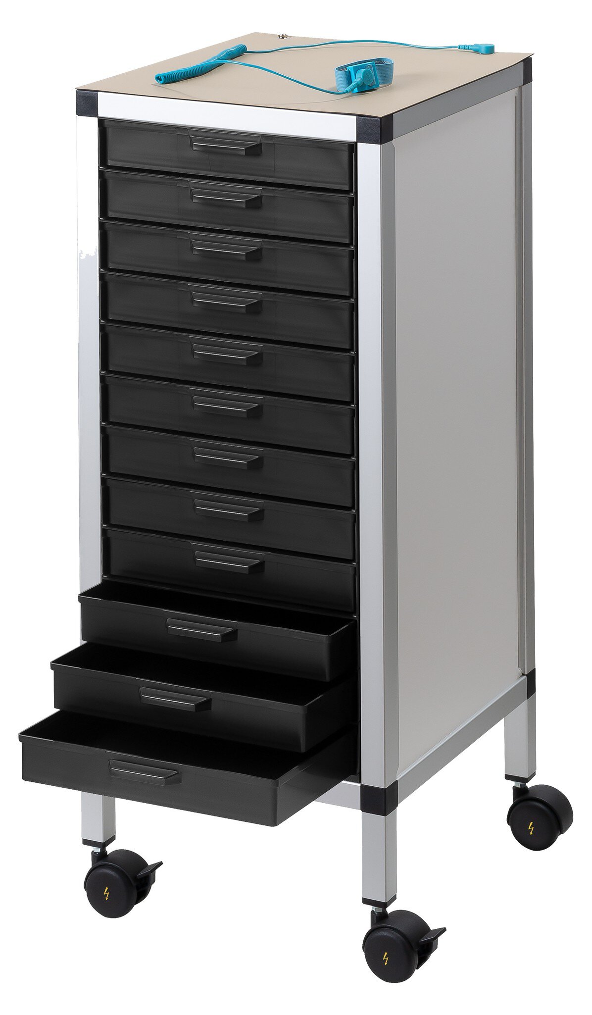 Rollboy Single 340/40 ESD, 12 Schubladen, mit Arbeitsmatte schwarz, 318 x 365 x 806 mm #zoom-1