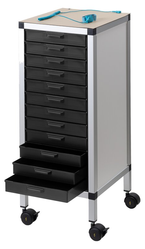 Rollboy Single 340/40 ESD, 12 Schubladen, mit Arbeitsmatte schwarz, 318 x 365 x 806 mm