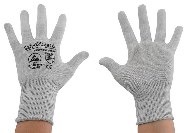 Rękawice ESD, szaro-białe, bez powłoki, nylon/węgiel, S