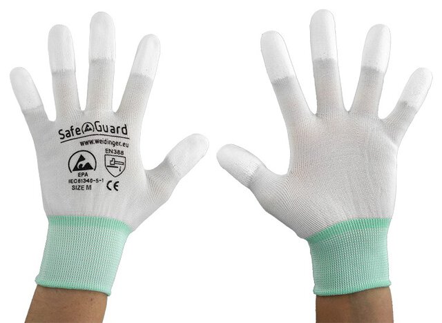 ESD-Handschuh, weiß/türkis, beschichtete Fingerkuppen, M