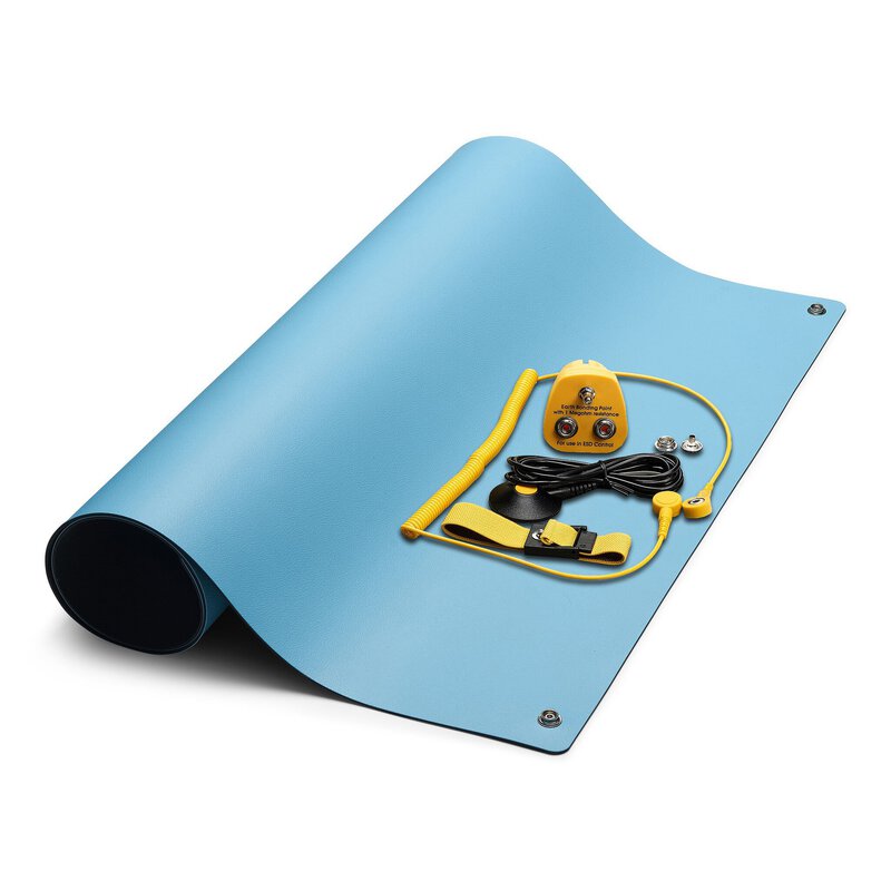 ESD table mat set L Pro, blue, 1200 x 600 mm, 5-piece, 2x 10 mm press ...