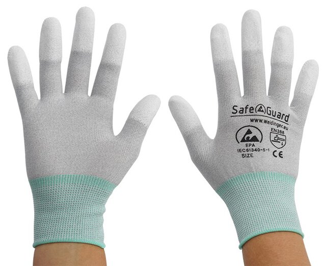 ESD-Handschuh, grau/türkis, beschichtete Fingerkuppen, Nylon/Carbon, M