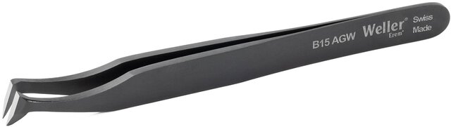 Brucelles coupante avec tête coudée étroite. Pour fils tendres jusqu’au Ø 0,25 mm. De couleur noire.