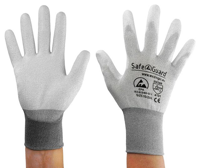 ESD-Handschuh, grau/dunkelgrau, beschichtete Handflächen, Nylon/Carbon, XXL