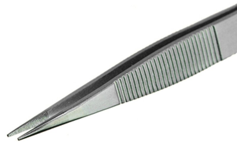 Tweezers, with thick flat tips and serrated internally and externally , 120 mm