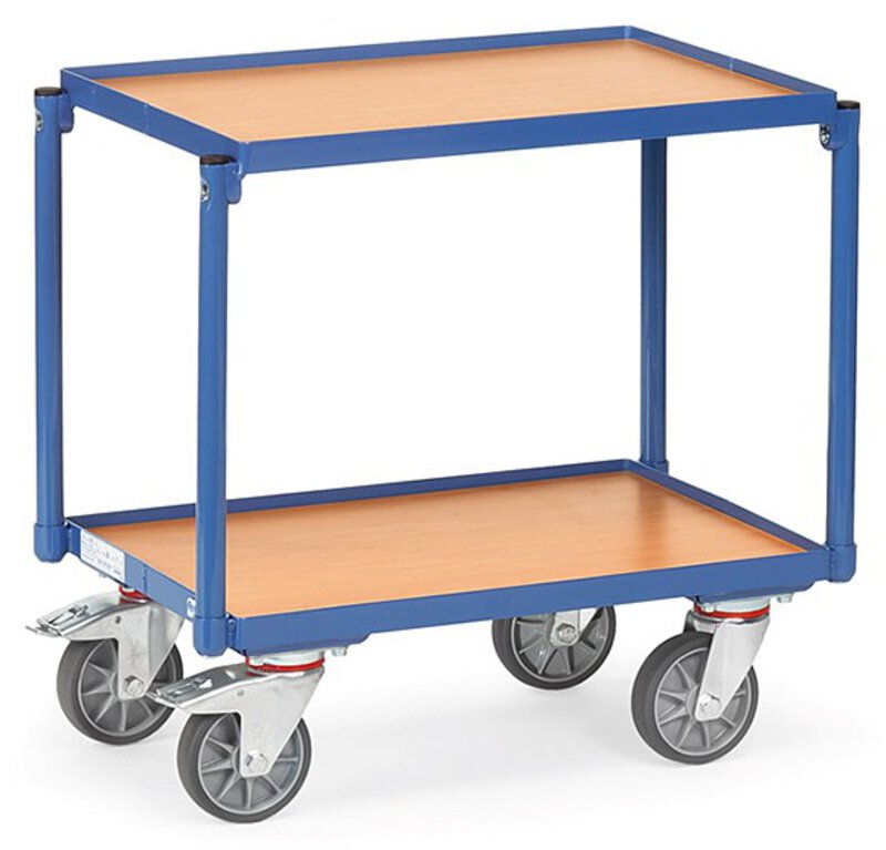 Etagen-Roller, Tragkraft 250kg, mit 2 Böden aus Holz und 15mm Rand, 605x405mm