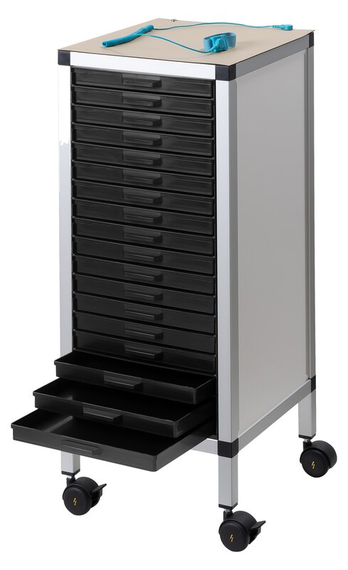 Rollboy Single 340/22 ESD, 18 drawers, with work mat, black, 318 x 365 x 806 mm