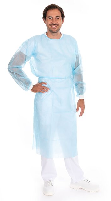 Gown, PP, PE partly-laminated, 115x135cm, neckband, knitted cuff, blue, size L
