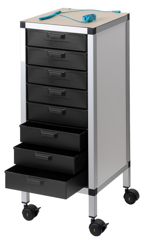 Rollboy Single 340/62 ESD, 8 drawers, with work mat, black, 318 x 365 x 806 mm