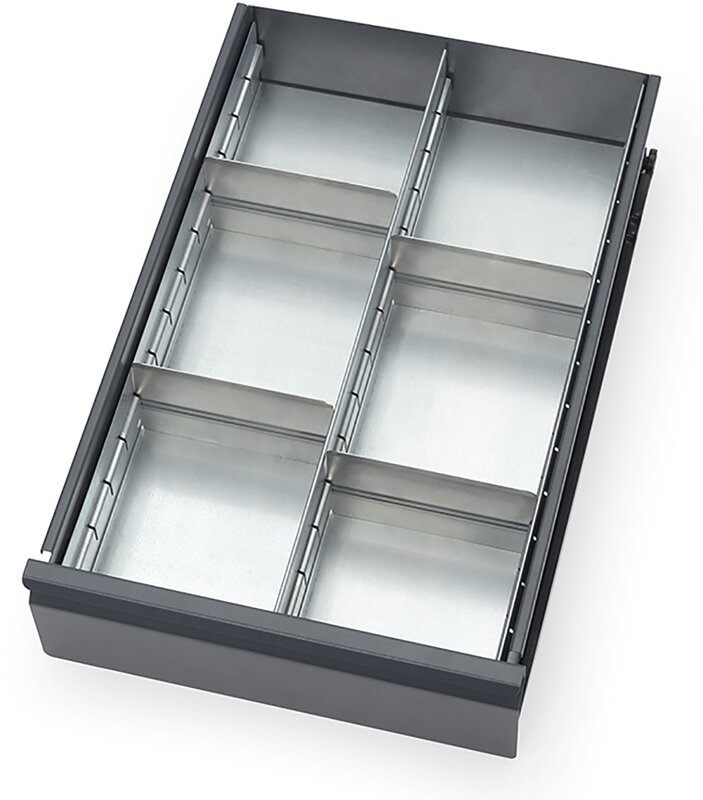 Drawer partition set, zinc plated sheet steel, plug-in, 1 longitudinal divider and 4 dividers, 470x280mm