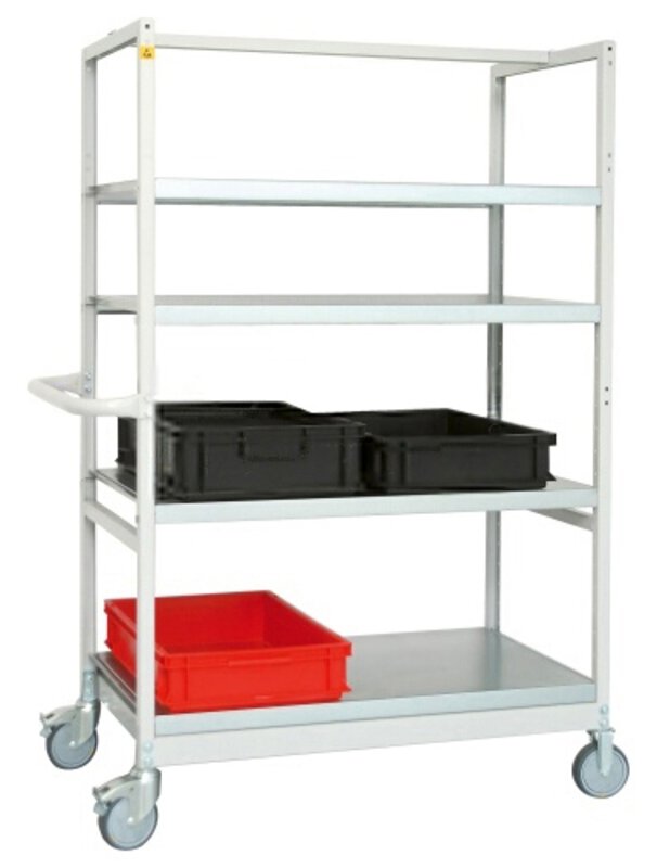 ESD transport trolley, 5 shelves, 1030 x 600 x 1660 mm, 250 kg