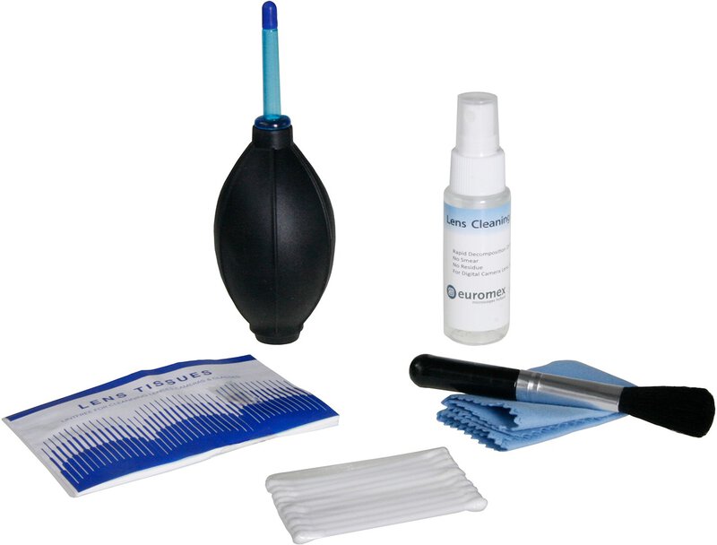 Kit de nettoyage : liquide pour objectif, chiffon pour objectif non pelucheux, pinceau, souffleur d'air, coton-tige