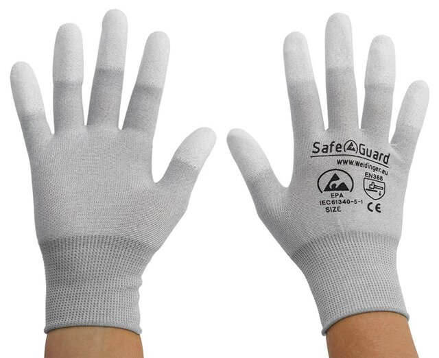 Rękawice ESD, szare/jasnoszare, powlekane końcówki palców, nylon/węgiel, L