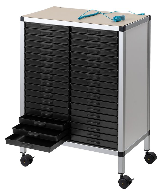 Rollboy Double 340/22 ESD, 36 Schubladen, mit Arbeitsmatte, schwarz, 585 x 365 x 806 mm