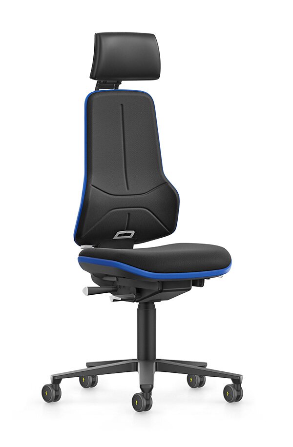 ESD NEON XXL, Schwerlast-Arbeitsstuhl, mit verstellbarer Kopfstütze, Stoff Duotec schwarz, Flexband blau #zoom-1