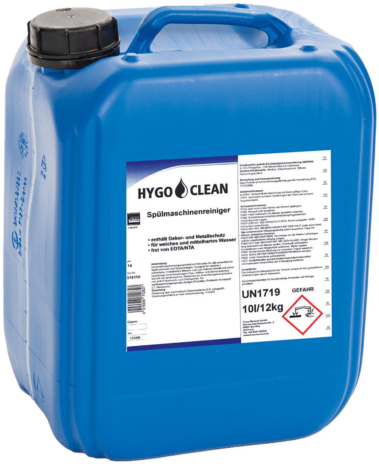 HygoClean Spülmaschinenreiniger 10l, chlorhaltig pH-Wert 14, Dekor- und Metallschutz #zoom-1