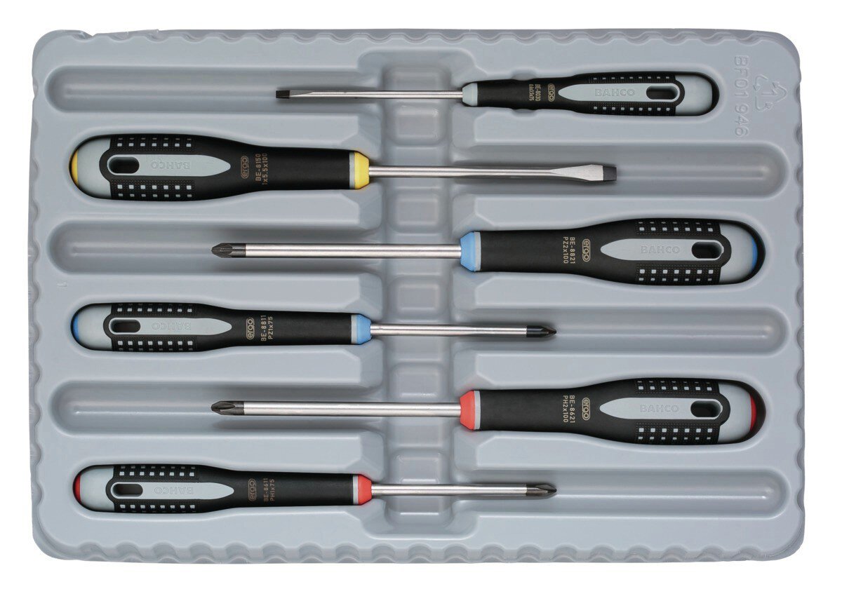 ERGO™ Screwdriver set for slotted, Phillips and Pozidriv screws, straight and flat, with 3-component handle, 6 pieces #zoom-3