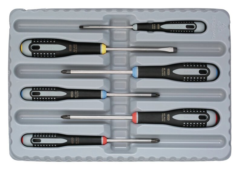 ERGO™ Screwdriver set for slotted, Phillips and Pozidriv screws, straight and flat, with 3-component handle, 6 pieces #3