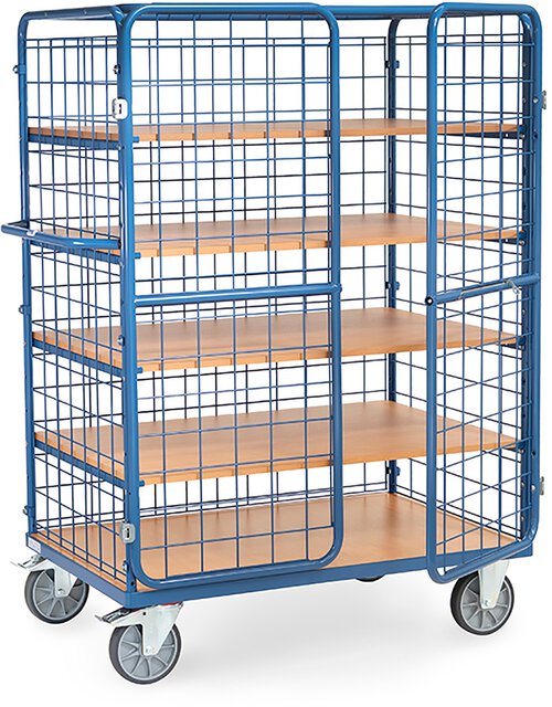 Chariot à plateaux avec portes battantes, charge max. 600kg, 5 plateaux, hauteur 1800mm, 1200x800mm.