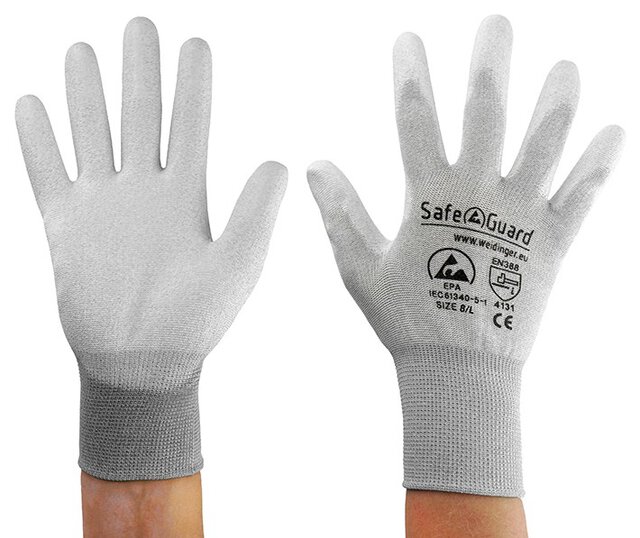 Rękawice ESD, szary/jasnoszary, powlekane dłonie, nylon/węgiel, L