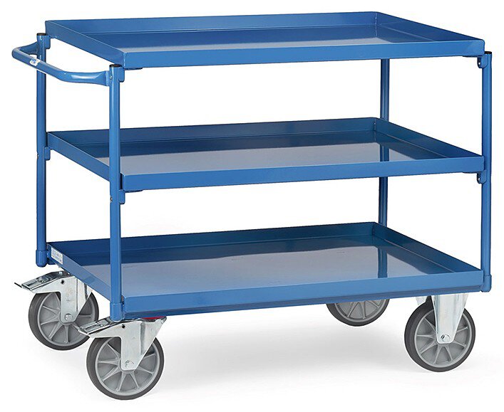 Table trolley with trays, with 3 shelves in sheet metal trays, horizontal handle, 1000x700mm #zoom-1