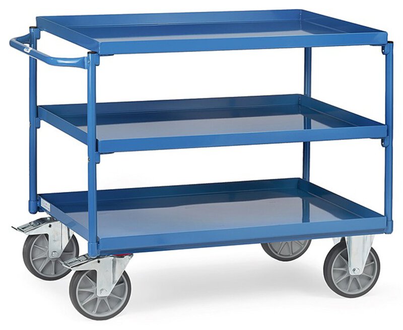 Table trolley with trays, with 3 shelves in sheet metal trays, horizontal handle, 1000x700mm