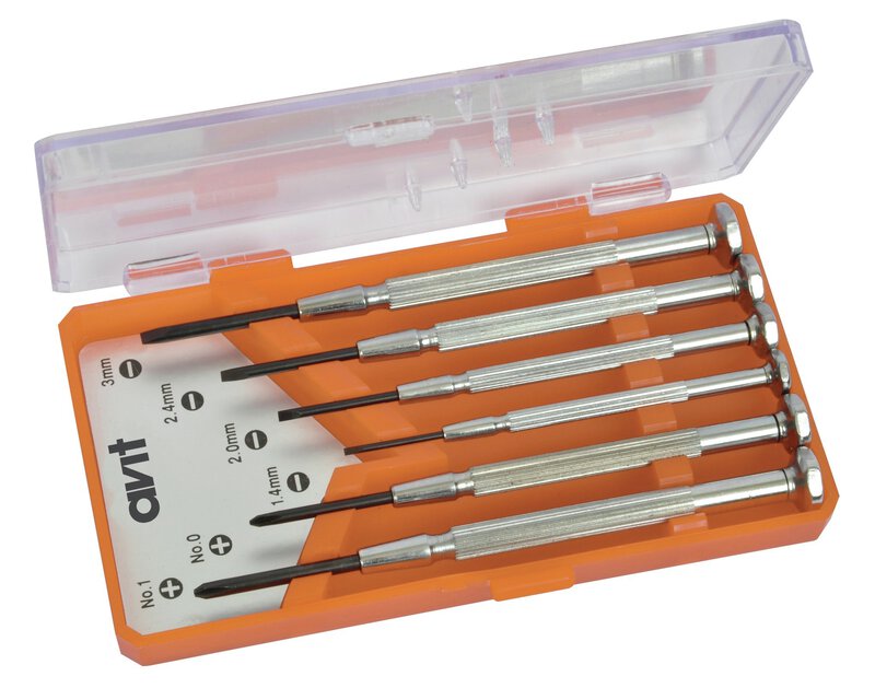 Watchmaker screwdriver set, rotating caps, 6 pieces