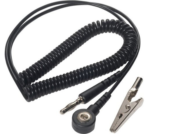 ESD spiral cable, 1 MOhm, black, 2,4 m, 3 mm push button, banana plug, crocodile clip