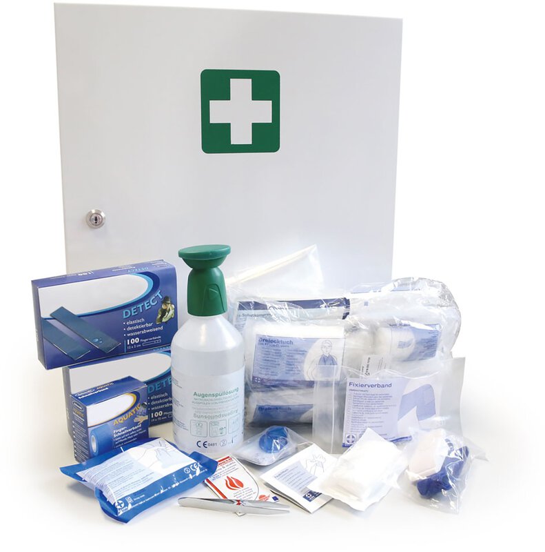 Armoire à pharmacie, DIN 13 157, blanche avec symbole de premiers secours, pour le secteur alimentaire