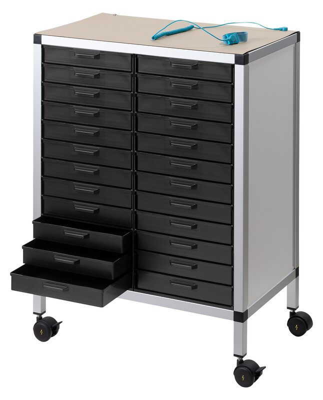 Rollboy Double 340/40 ESD, 24 Schubladen, mit Arbeitsmatte, schwarz, 585 x 365 x 806 mm