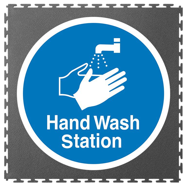 "Hand wash station" floor marking tile, T-Lock, blue/grey, 500 x 500 x 7 mm, 1 piece #zoom-1