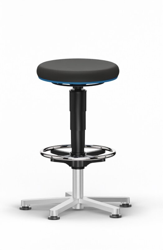 Laboratory stool 3, with glides and foot ring, faux leather Magic black, color ring blue